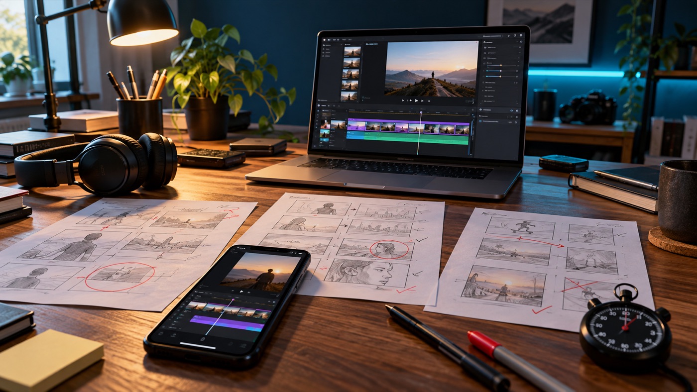 A creator desk arranged for a deliberate three-video editing test